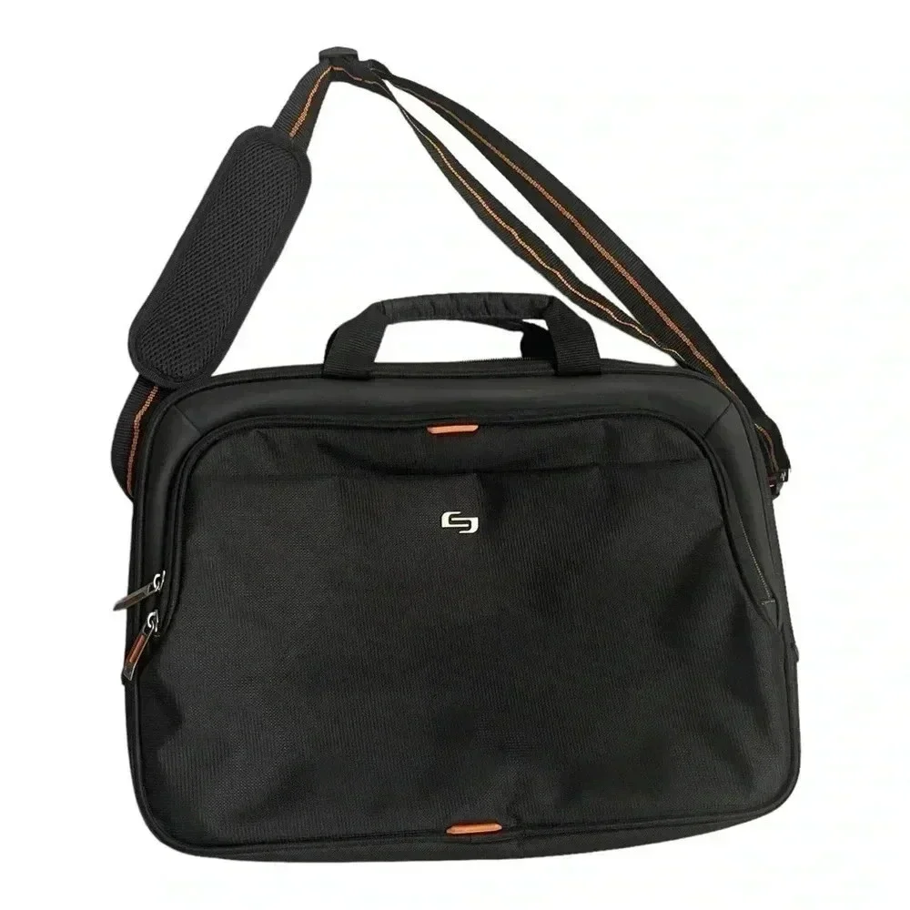 Solo Ace Slim Brief Laptop Briefcase Messenger Bag Black Orange Adjustable Strap